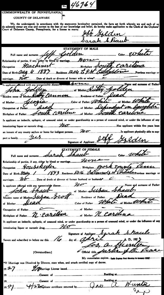 Marriage Record for Jeff and Sarah