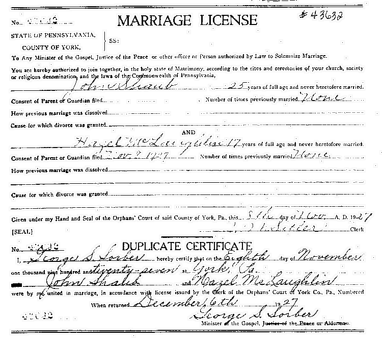 Marriage Record for John and Hazel